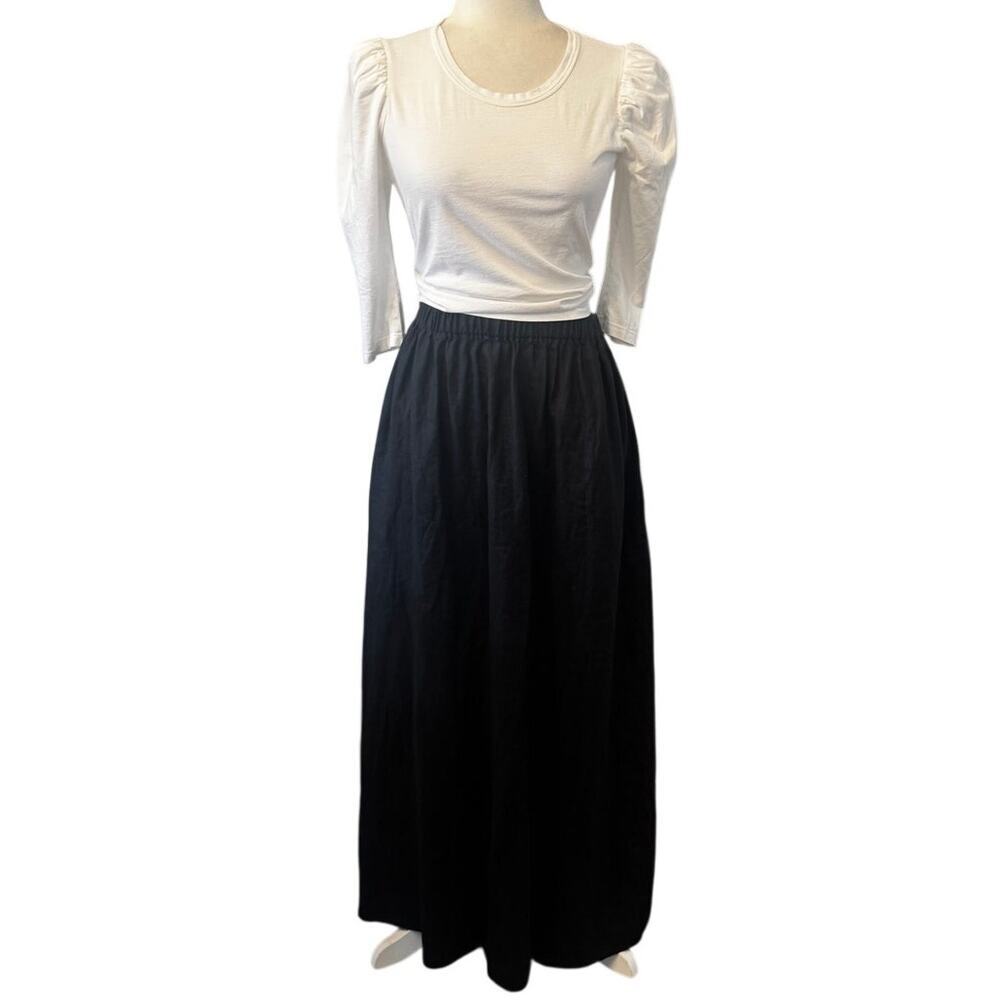 SIR. Black Linen Maxi Skirt Small Elastic Waist Pockets 100% Linen Minimalist